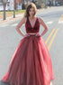 Sexy Red Tulle Two Piece V-Neck Open Back  Prom Dress LBQ0013